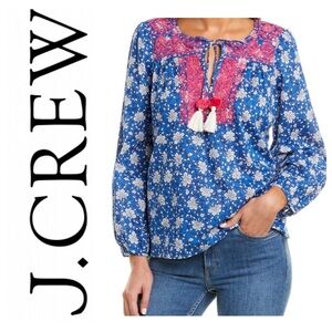 J. Crew Blue Block Print Embroidered Top